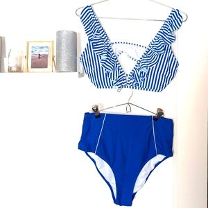 Nautical ruffle bikini set with high waisted bottoms